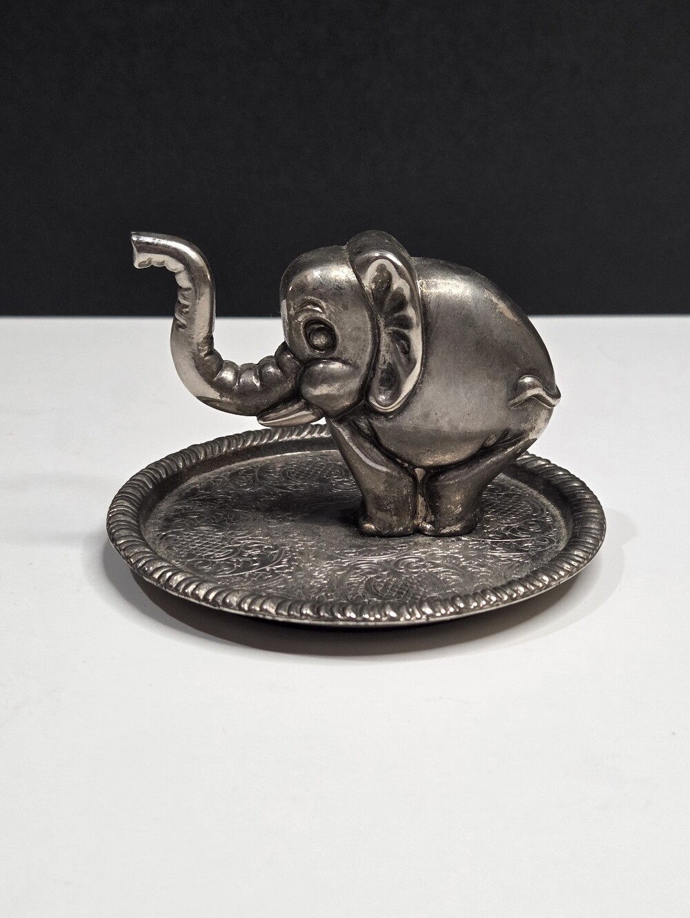 Vintage Silver Plated Elephant Ring Holder Trinket Dish Vanity Tray Zellers